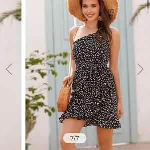 One Shoulder Belted Heart Print Mini A Line Dress